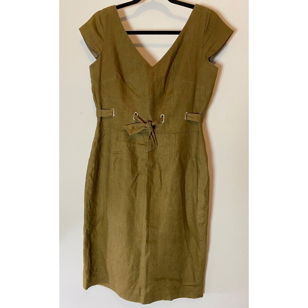 Talbots Olive Green Linen Midi Dress V-Neck Cap Sleeves Belted Waist Size 6